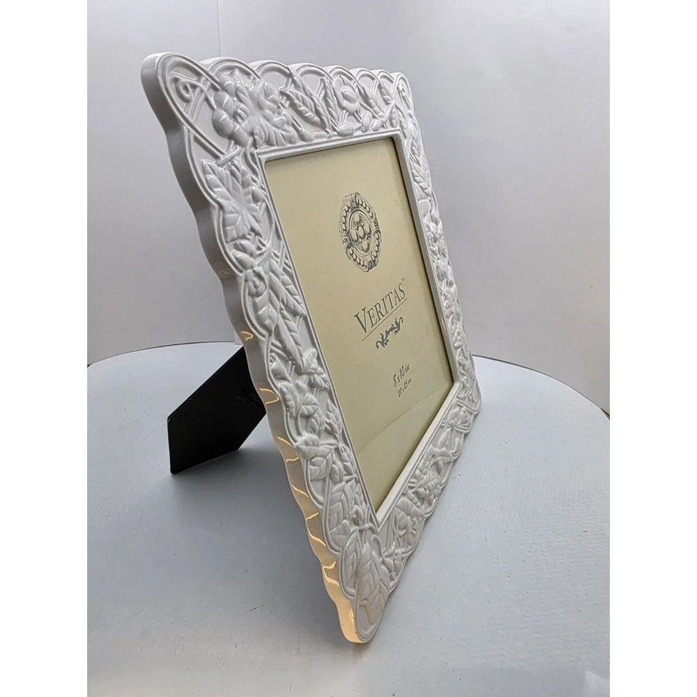 VTG Ivory Ceramic Floral Picture Frame 8x10 Embossed White Shabby Chic 13x11.5